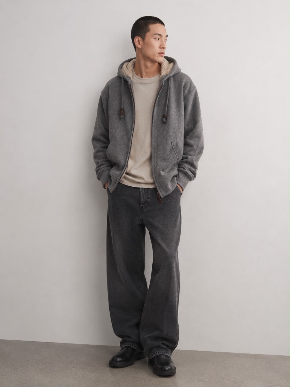 Tu Sherpa-Lined Full Zip Hoodie in Charcoal Gray - Size XL